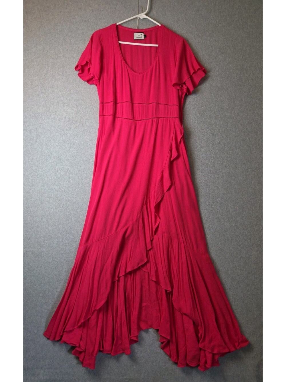Tuckernuck Francesca Hot Pink SS Maxi Ruffle Faux Wrap Dress Women's XL